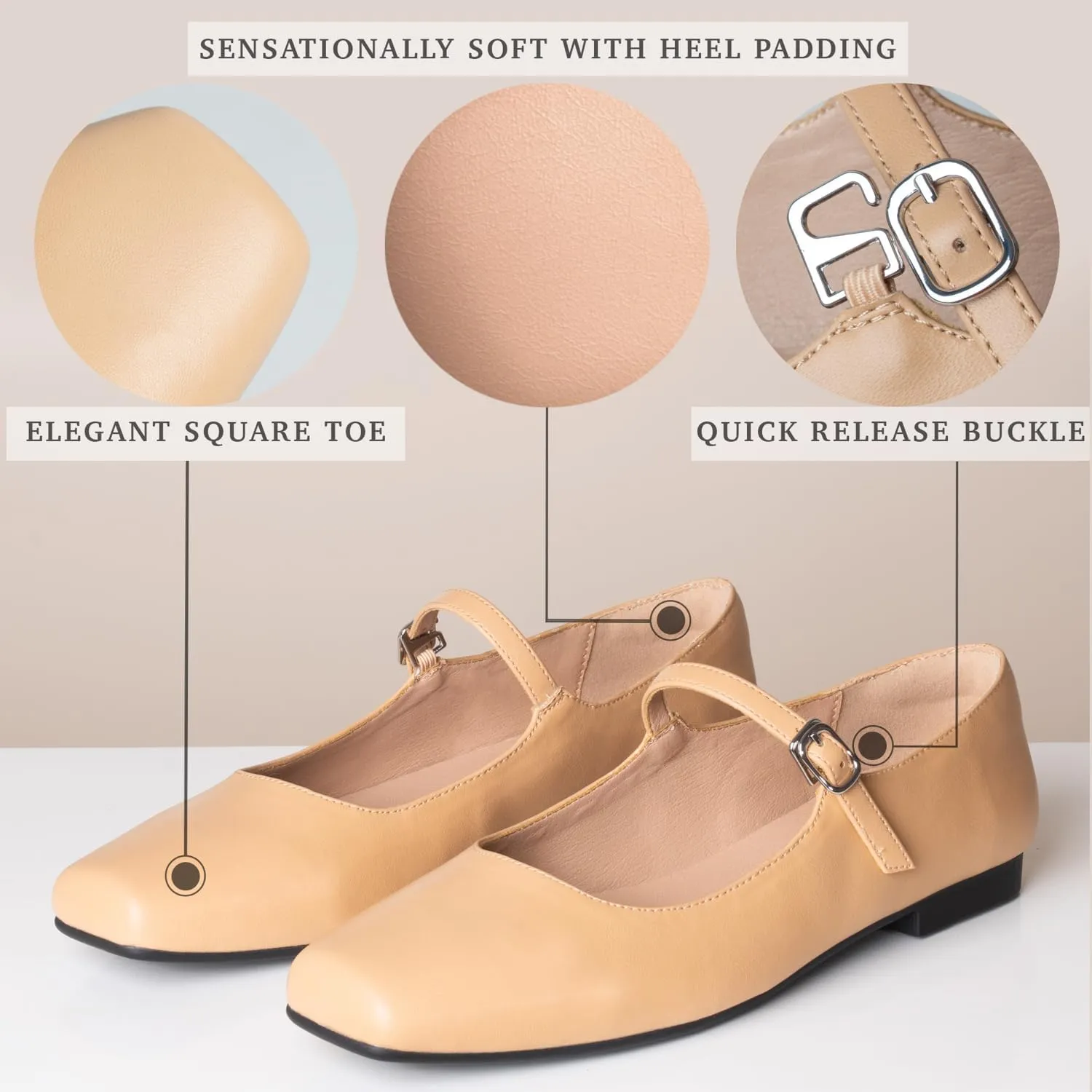 Women Mary Jane Shoes,Square Toe Flats Ballet Flats for Women, Comfortable Ankle Strap,Easy to take on and Off,Matched with Skirts, Dress,Jeans and More.