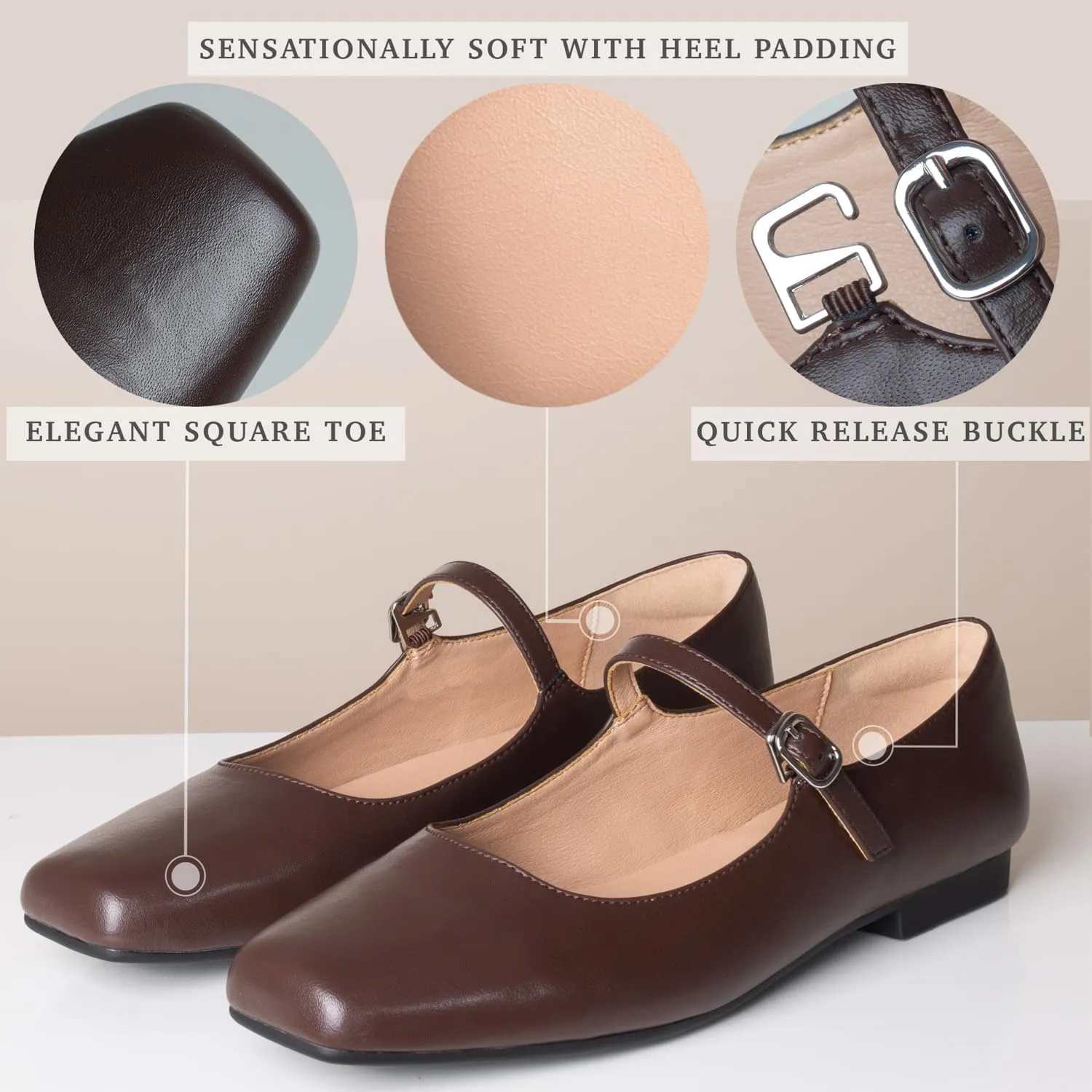 Women Mary Jane Shoes,Square Toe Flats Ballet Flats for Women, Comfortable Ankle Strap,Easy to take on and Off,Matched with Skirts, Dress,Jeans and More.