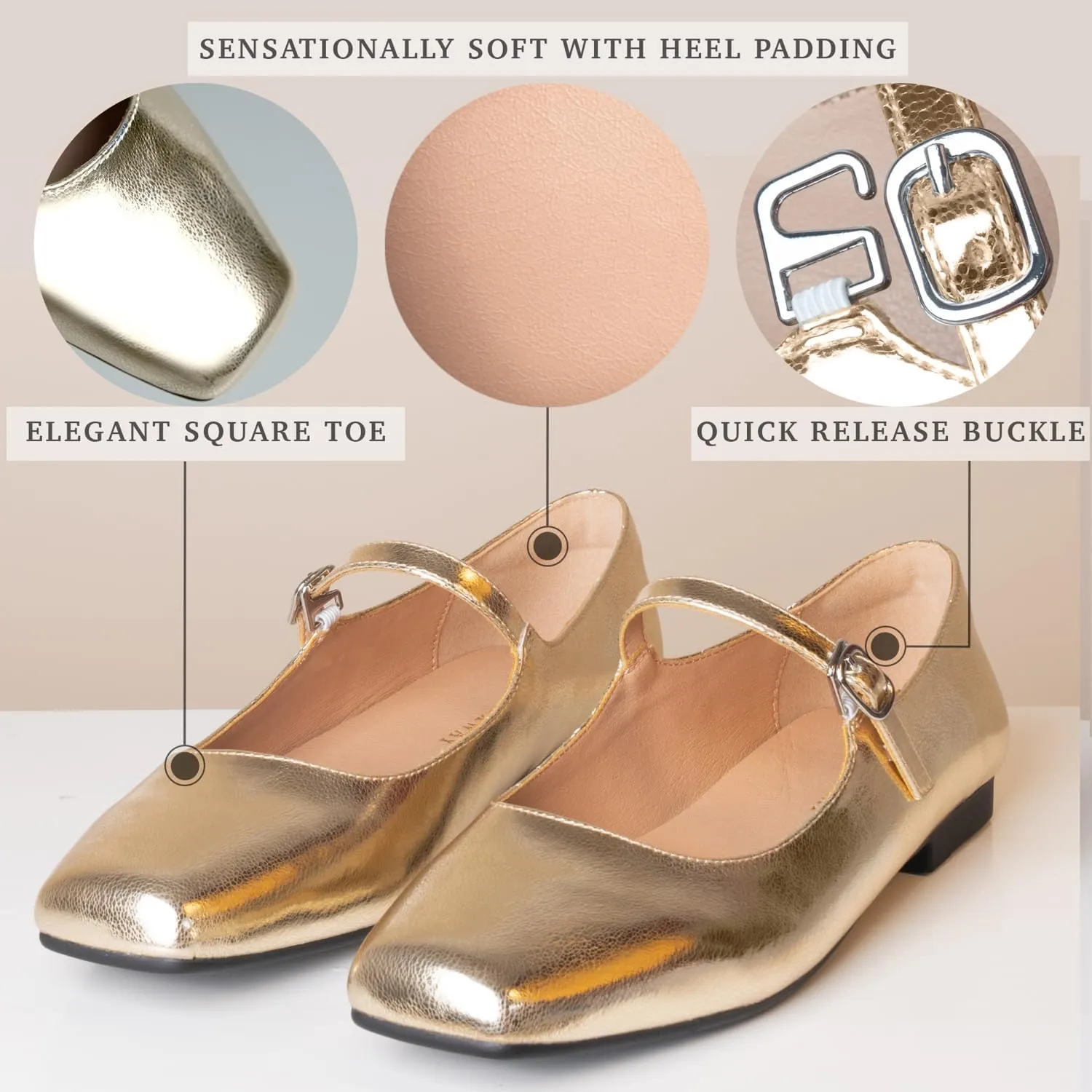 Women Mary Jane Shoes,Square Toe Flats Ballet Flats for Women, Comfortable Ankle Strap,Easy to take on and Off,Matched with Skirts, Dress,Jeans and More.
