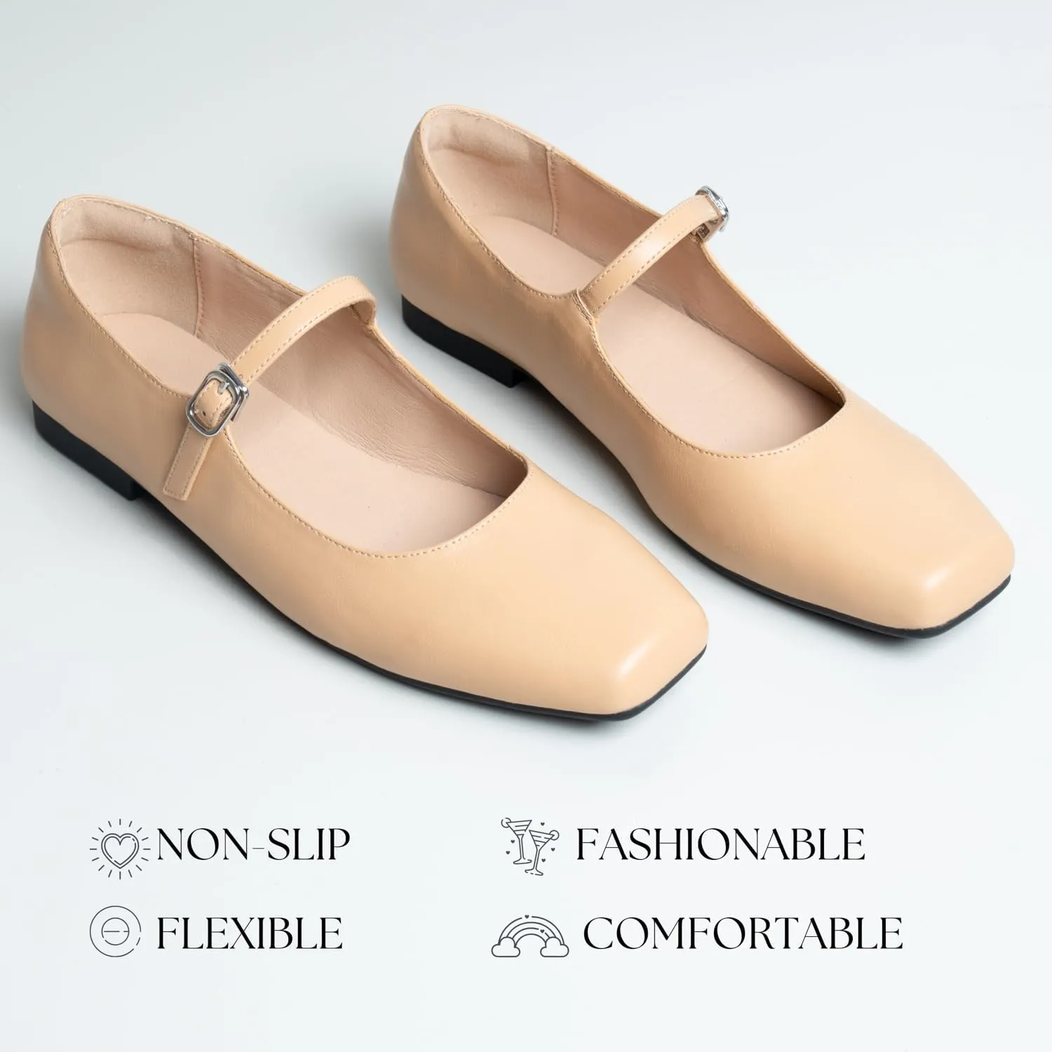 Women Mary Jane Shoes,Square Toe Flats Ballet Flats for Women, Comfortable Ankle Strap,Easy to take on and Off,Matched with Skirts, Dress,Jeans and More.