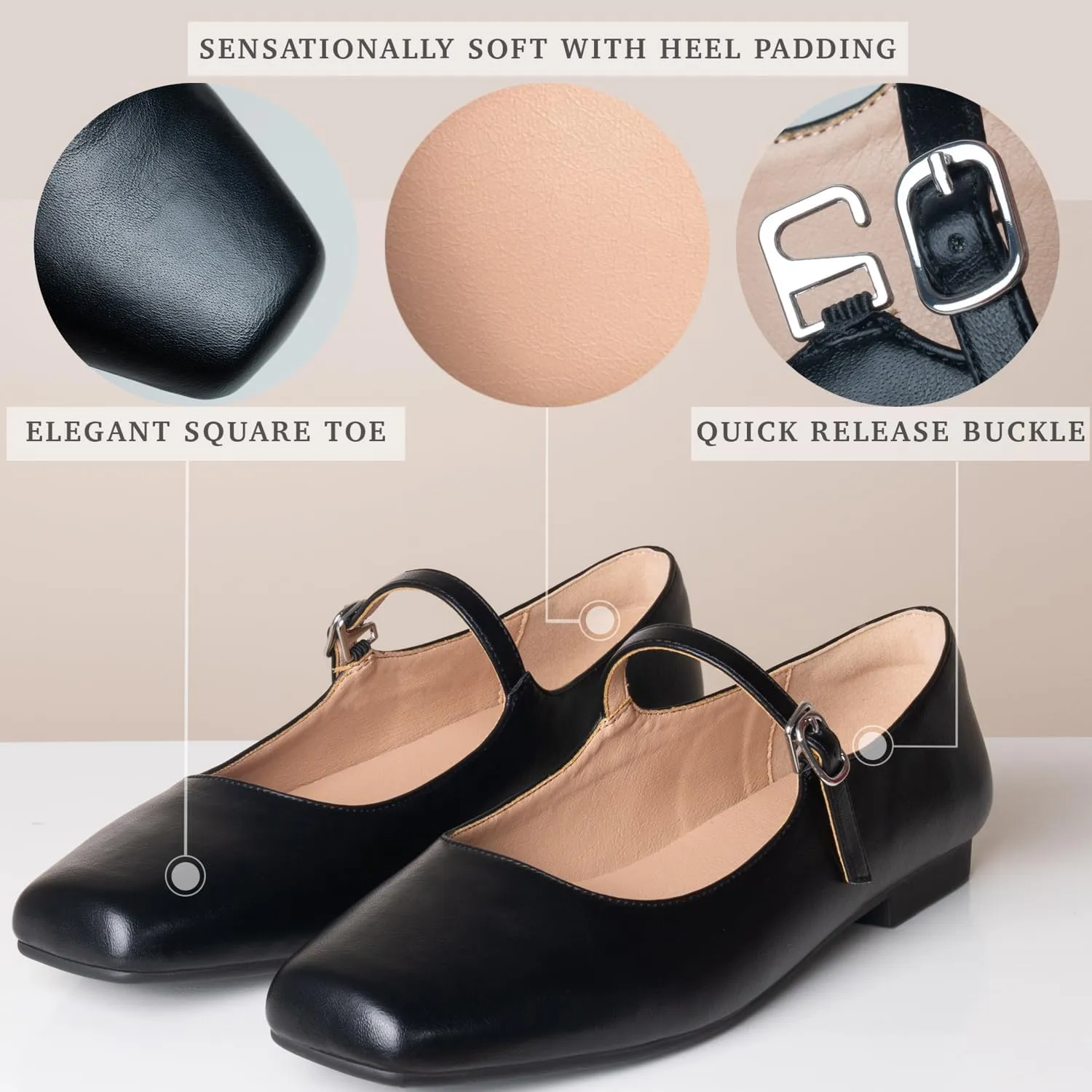Women Mary Jane Shoes,Square Toe Flats Ballet Flats for Women, Comfortable Ankle Strap,Easy to take on and Off,Matched with Skirts, Dress,Jeans and More.