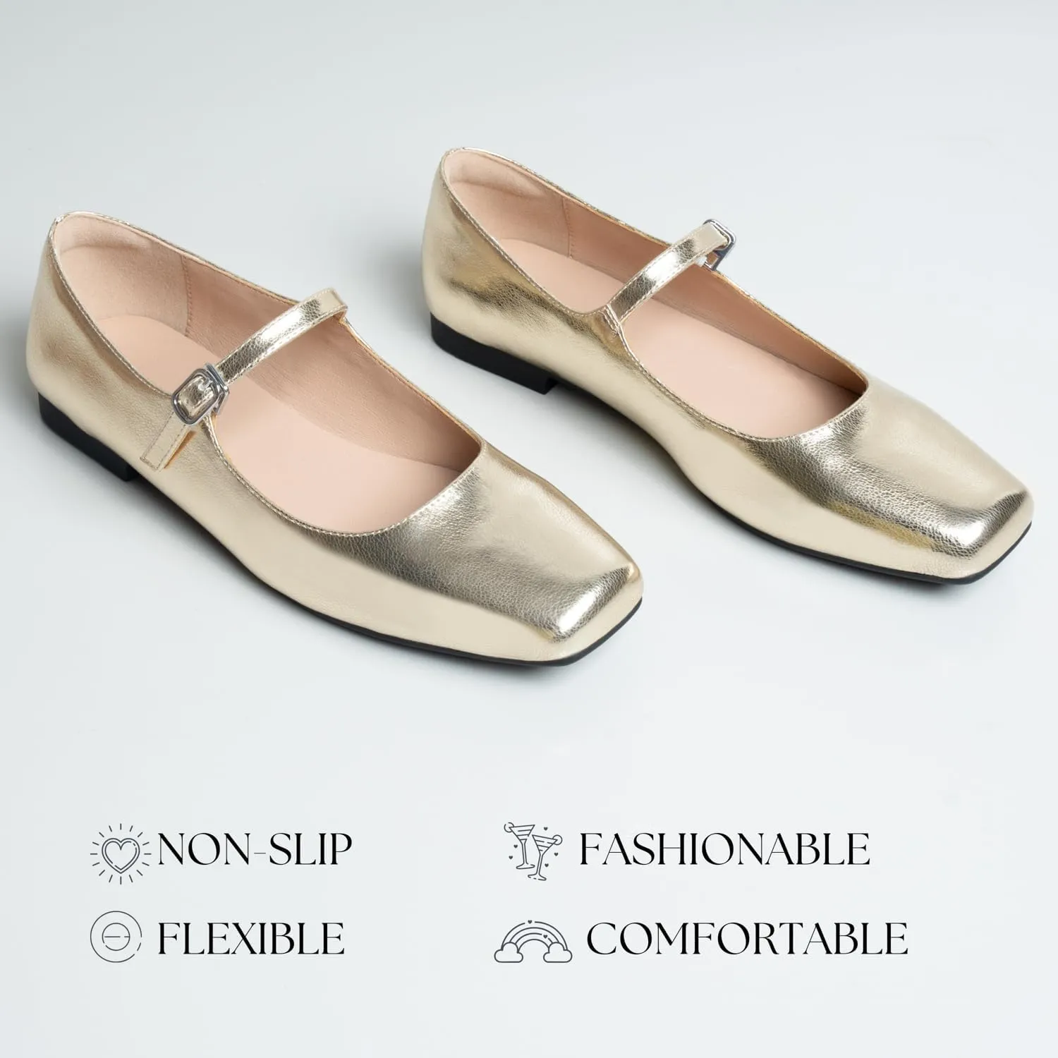 Women Mary Jane Shoes,Square Toe Flats Ballet Flats for Women, Comfortable Ankle Strap,Easy to take on and Off,Matched with Skirts, Dress,Jeans and More.