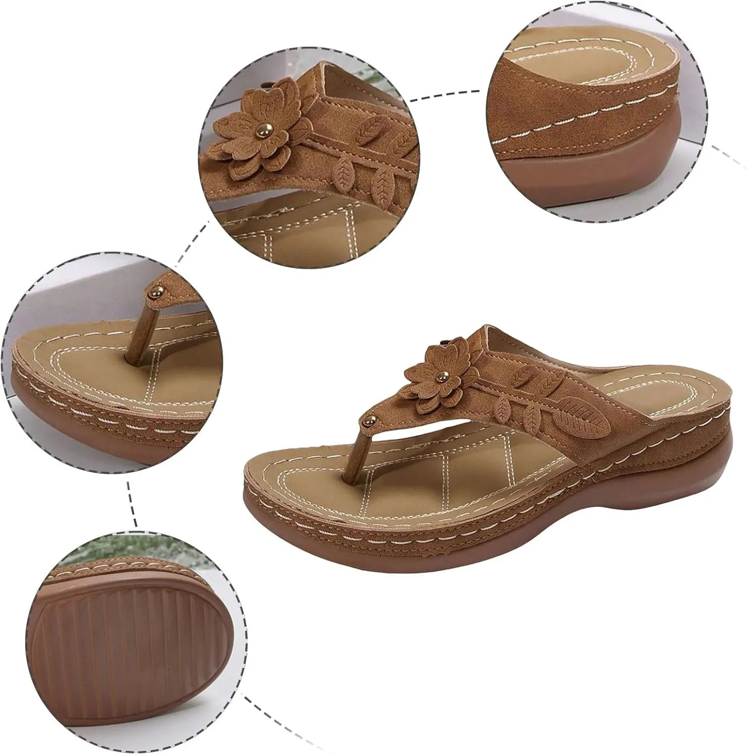 Women Orthopedic Wedge Sandals Bohemian Round Toe Flower Flip Flop Comfortable Outdoor Shoes Breathable Casual Low Heel Sandals for Women Fashionable Summer Footwear