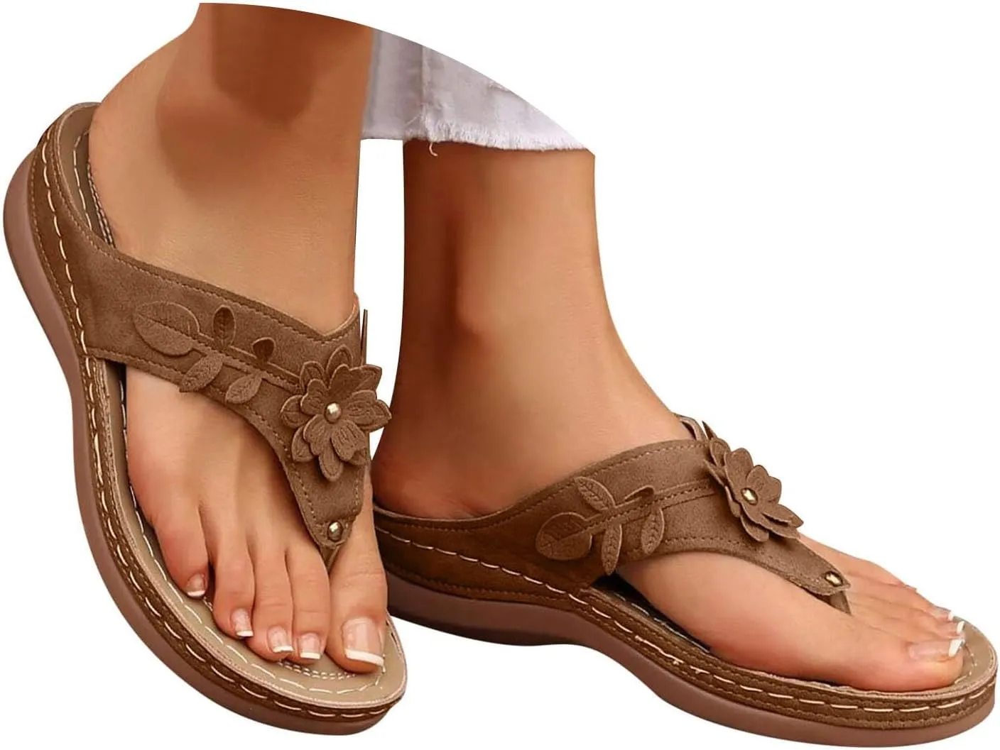 Women Orthopedic Wedge Sandals Bohemian Round Toe Flower Flip Flop Comfortable Outdoor Shoes Breathable Casual Low Heel Sandals for Women Fashionable Summer Footwear