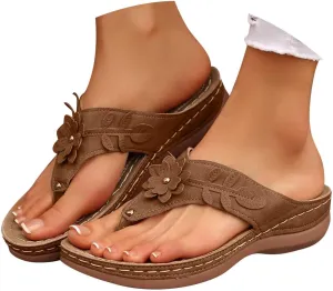 Women Orthopedic Wedge Sandals Bohemian Round Toe Flower Flip Flop Comfortable Outdoor Shoes Breathable Casual Low Heel Sandals for Women Fashionable Summer Footwear