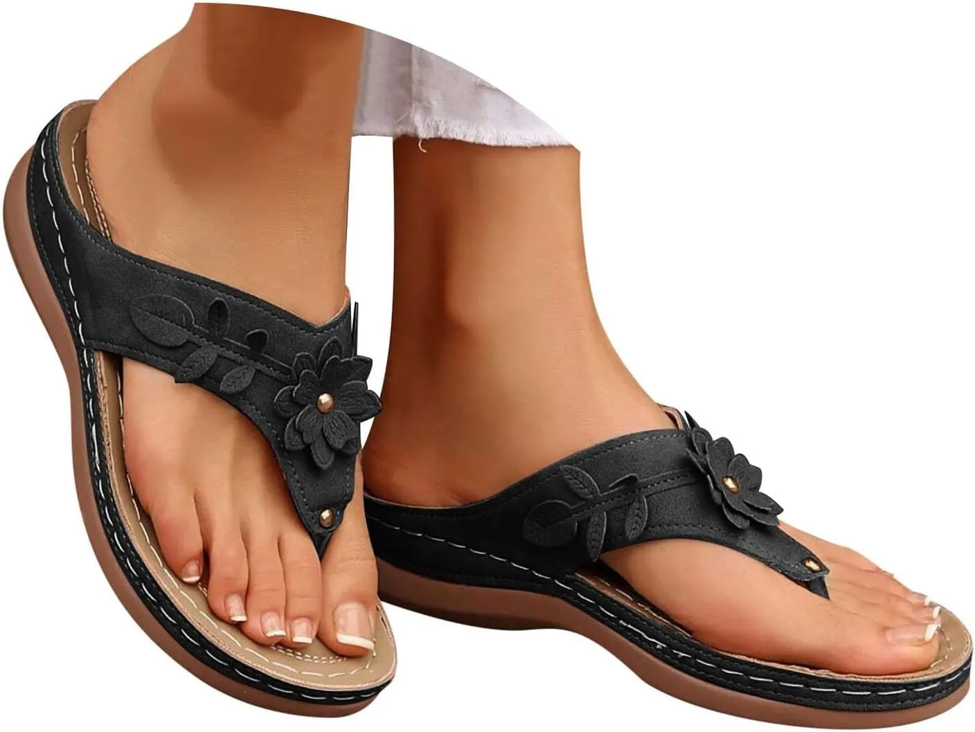 Women Orthopedic Wedge Sandals Bohemian Round Toe Flower Flip Flop Comfortable Outdoor Shoes Breathable Casual Low Heel Sandals for Women Fashionable Summer Footwear