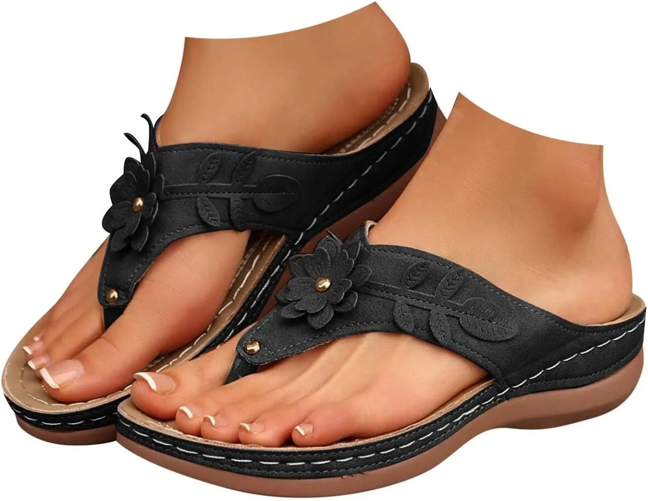 Women Orthopedic Wedge Sandals Bohemian Round Toe Flower Flip Flop Comfortable Outdoor Shoes Breathable Casual Low Heel Sandals for Women Fashionable Summer Footwear