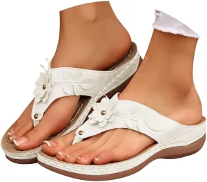 Women Orthopedic Wedge Sandals Bohemian Round Toe Flower Flip Flop Comfortable Outdoor Shoes Breathable Casual Low Heel Sandals for Women Fashionable Summer Footwear