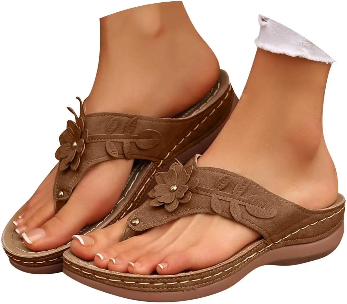 Women Orthopedic Wedge Sandals Bohemian Round Toe Flower Flip Flop Comfortable Outdoor Shoes Breathable Casual Low Heel Sandals for Women Fashionable Summer Footwear