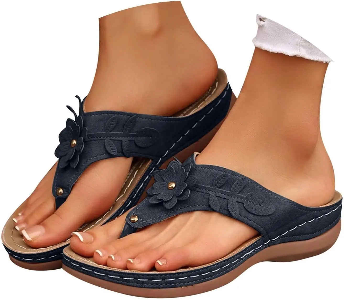 Women Orthopedic Wedge Sandals Bohemian Round Toe Flower Flip Flop Comfortable Outdoor Shoes Breathable Casual Low Heel Sandals for Women Fashionable Summer Footwear