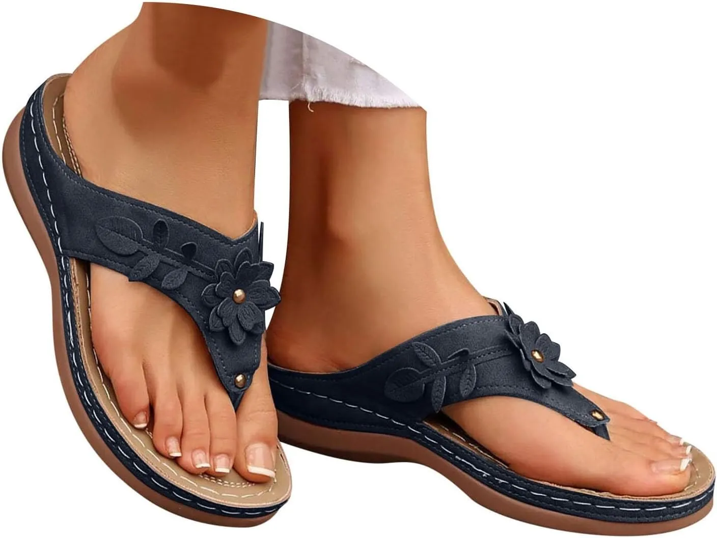 Women Orthopedic Wedge Sandals Bohemian Round Toe Flower Flip Flop Comfortable Outdoor Shoes Breathable Casual Low Heel Sandals for Women Fashionable Summer Footwear