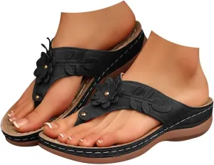 Women Orthopedic Wedge Sandals Bohemian Round Toe Flower Flip Flop Comfortable Outdoor Shoes Breathable Casual Low Heel Sandals for Women Fashionable Summer Footwear