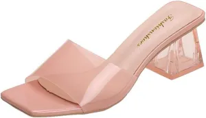 Women'S Clear Rhinestones Anti-Slip Chunky Heels Sandals,Slip on Square Open Toe Mule Heels, Comfortable Dress Prom Wedding Heels Pumps Shoes