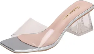 Women'S Clear Rhinestones Anti-Slip Chunky Heels Sandals,Slip on Square Open Toe Mule Heels, Comfortable Dress Prom Wedding Heels Pumps Shoes
