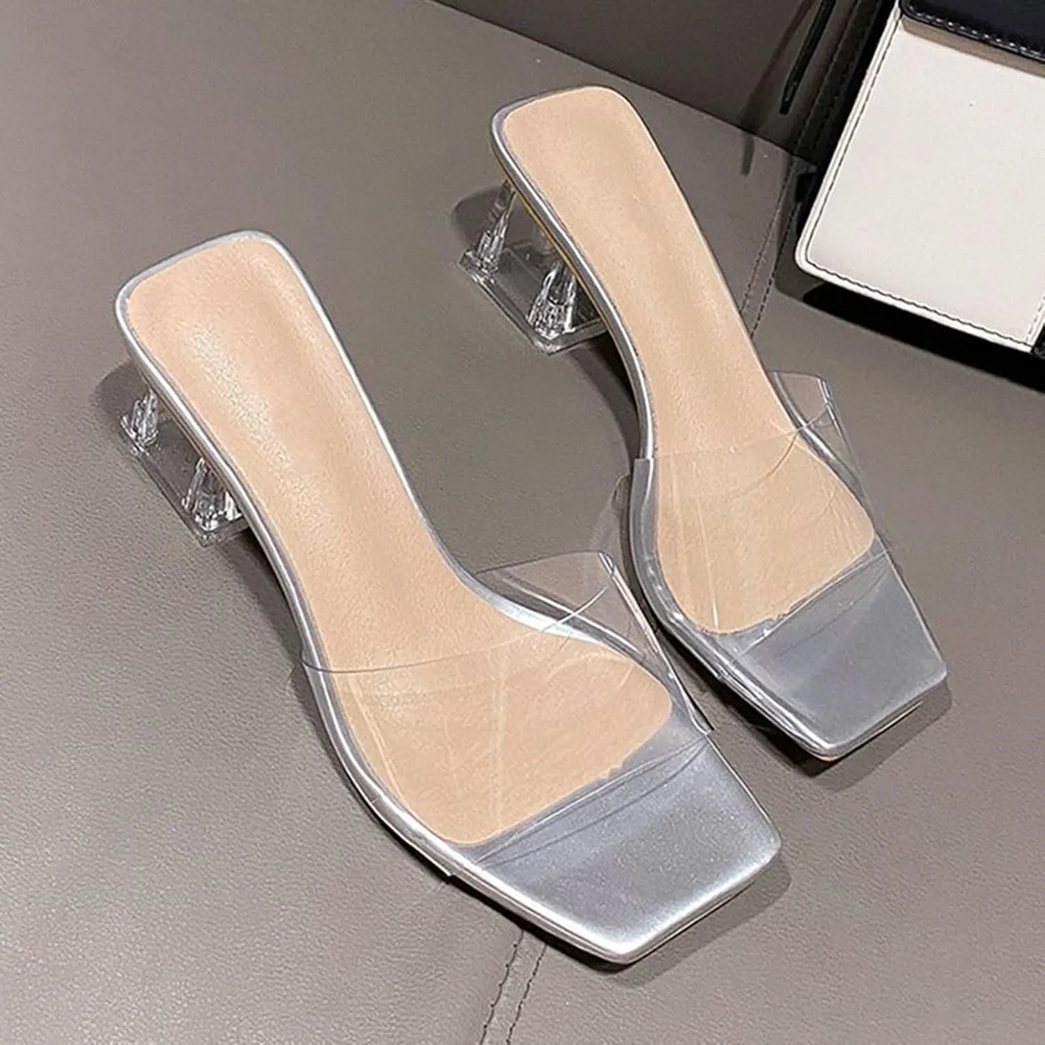 Women'S Clear Rhinestones Anti-Slip Chunky Heels Sandals,Slip on Square Open Toe Mule Heels, Comfortable Dress Prom Wedding Heels Pumps Shoes