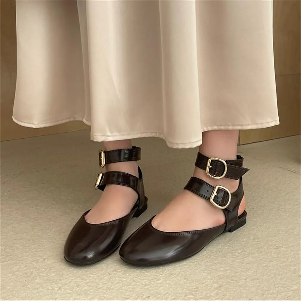 Women's Double Buckled Slingback Ballet Flats Round Toe Ankle Strap Dress Flat Shoes