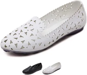 Women's Hollow Leather Ballet Flats,Slip on Pointed Dress Shoes with Floral Eyelets Shallow Mouth Breathable Loafers Mary Janes Walking Shoes