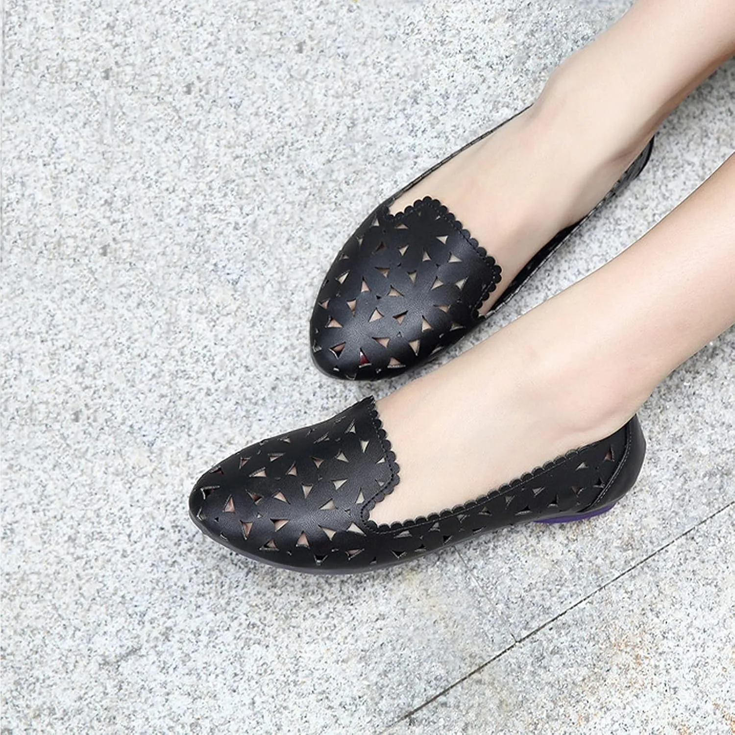 Women's Hollow Leather Ballet Flats,Slip on Pointed Dress Shoes with Floral Eyelets Shallow Mouth Breathable Loafers Mary Janes Walking Shoes