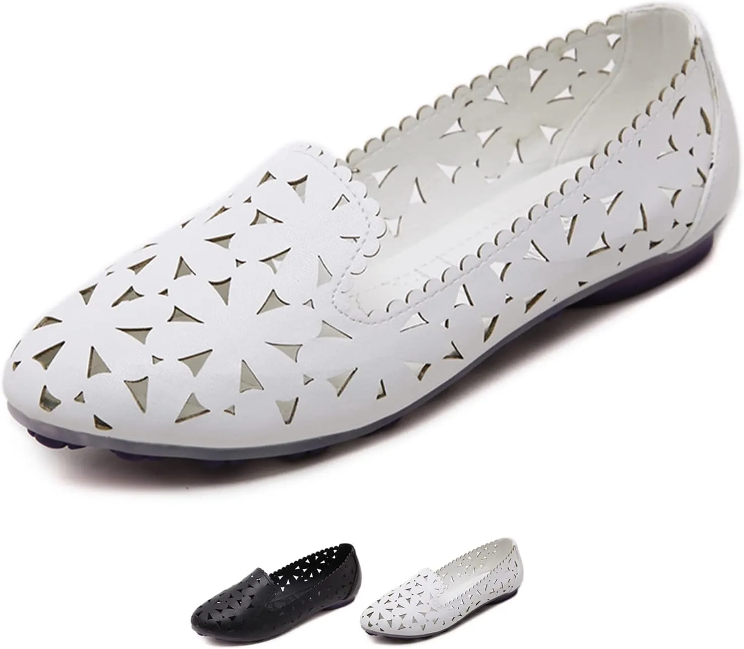 Women's Hollow Leather Ballet Flats,Slip on Pointed Dress Shoes with Floral Eyelets Shallow Mouth Breathable Loafers Mary Janes Walking Shoes