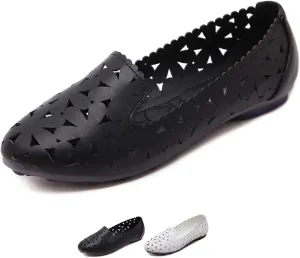 Women's Hollow Leather Ballet Flats,Slip on Pointed Dress Shoes with Floral Eyelets Shallow Mouth Breathable Loafers Mary Janes Walking Shoes