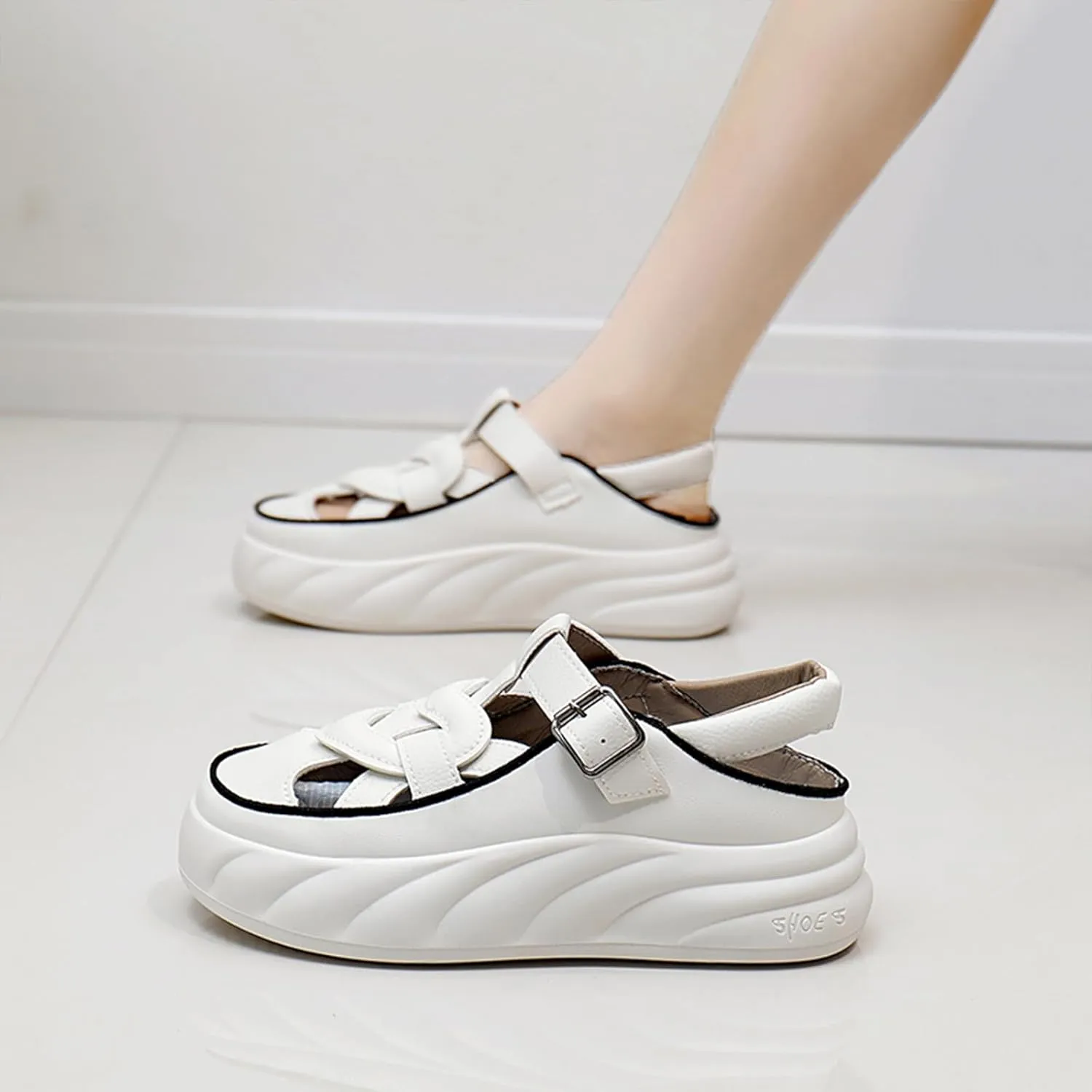 Womens Leather Adjustable Ankle Strap Platform Slingback Hiking Sandals Lightweight Chunky Increase Height Casual Cutout Sneakers with Arch Support for Walking Work Camping