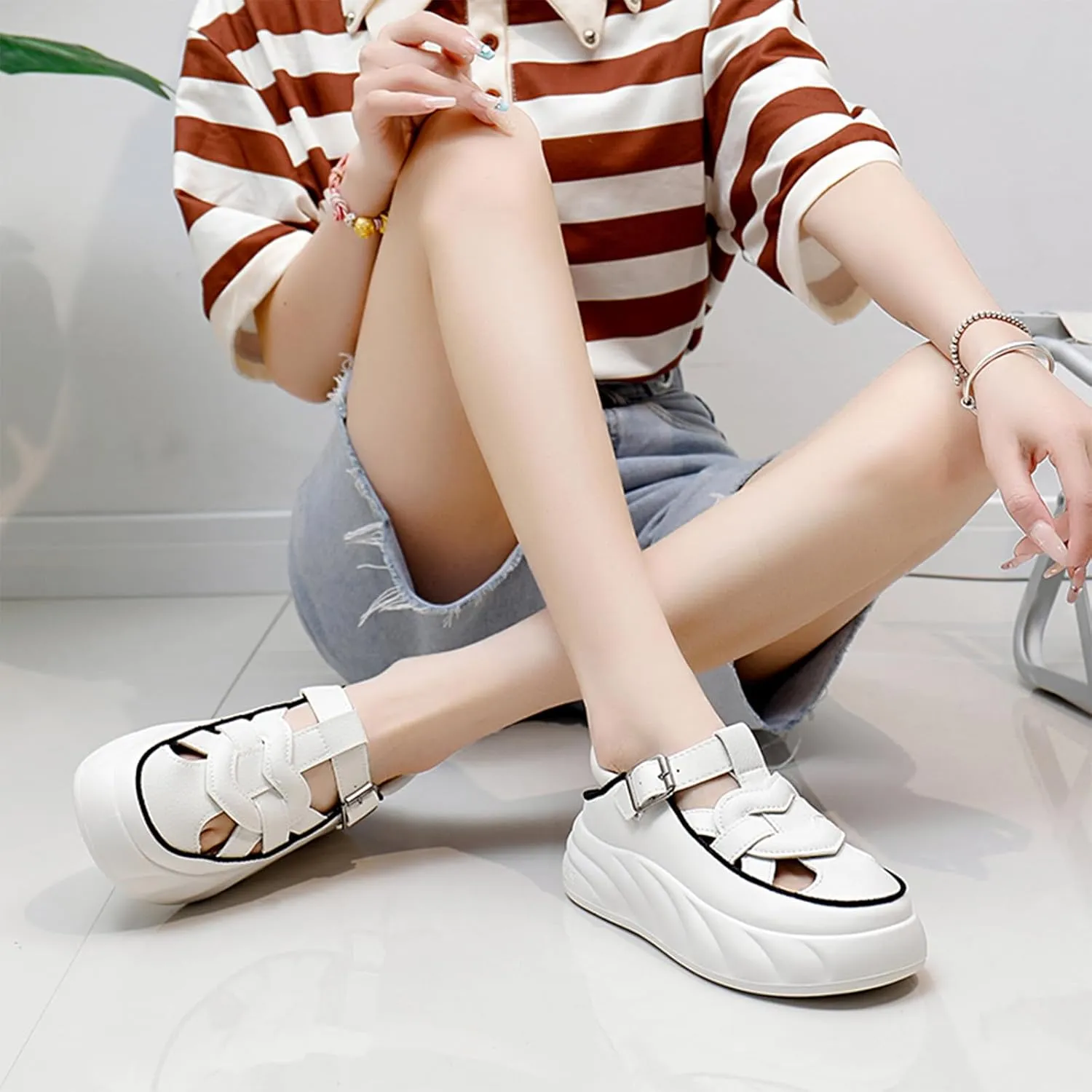 Womens Leather Adjustable Ankle Strap Platform Slingback Hiking Sandals Lightweight Chunky Increase Height Casual Cutout Sneakers with Arch Support for Walking Work Camping