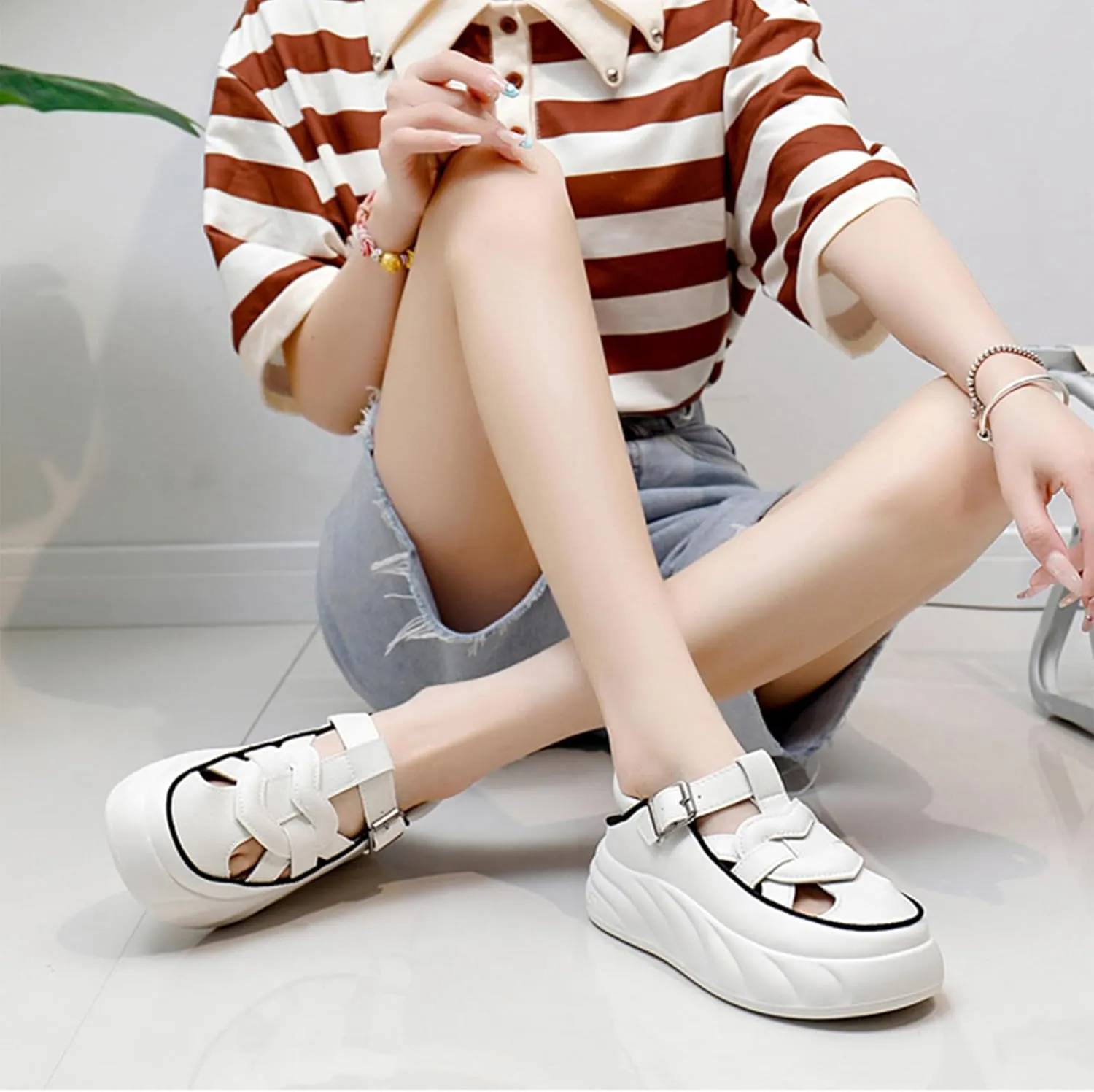 Womens Leather Adjustable Ankle Strap Platform Slingback Hiking Sandals Lightweight Chunky Increase Height Casual Cutout Sneakers with Arch Support for Walking Work Camping