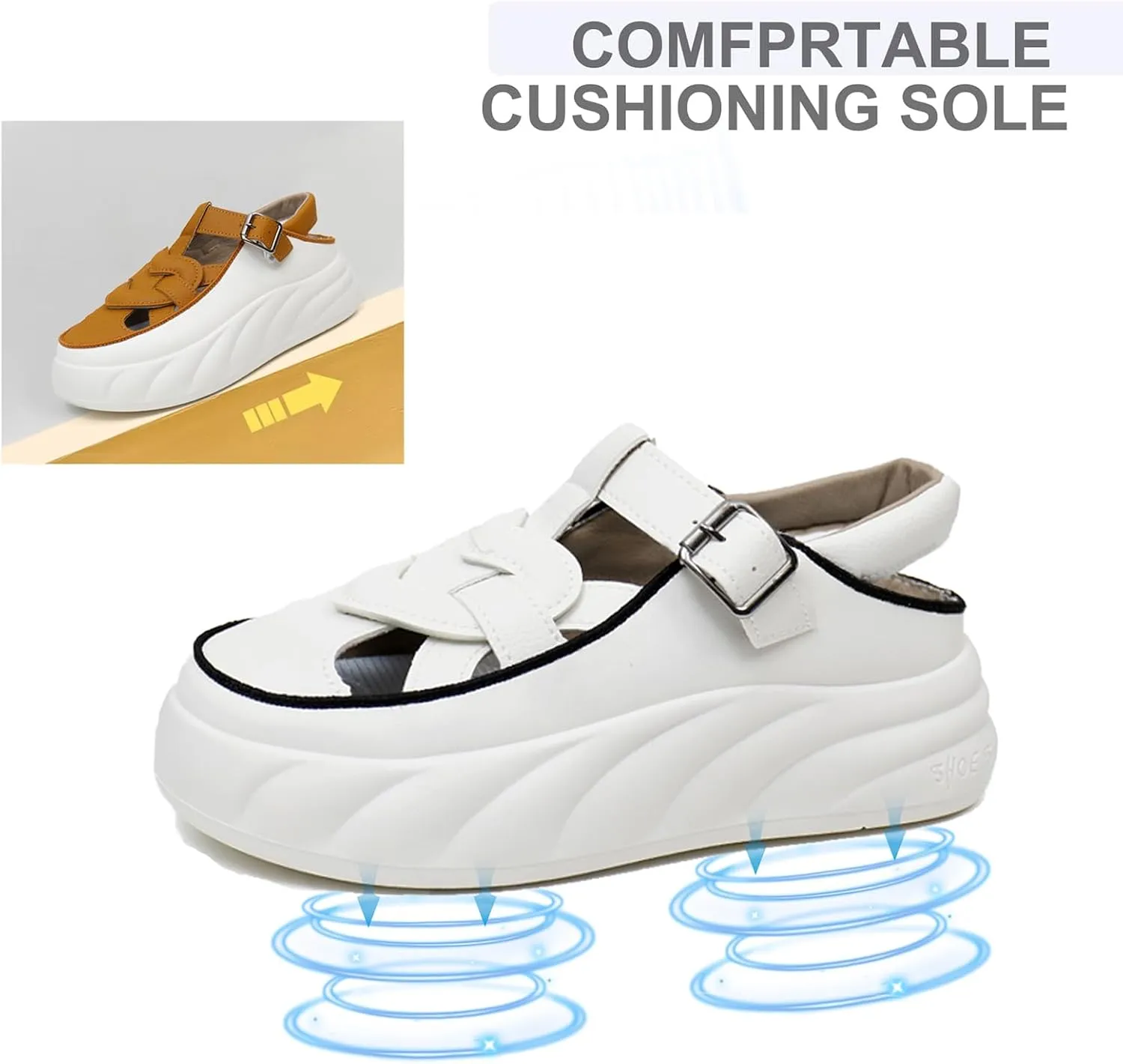Womens Leather Adjustable Ankle Strap Platform Slingback Hiking Sandals Lightweight Chunky Increase Height Casual Cutout Sneakers with Arch Support for Walking Work Camping