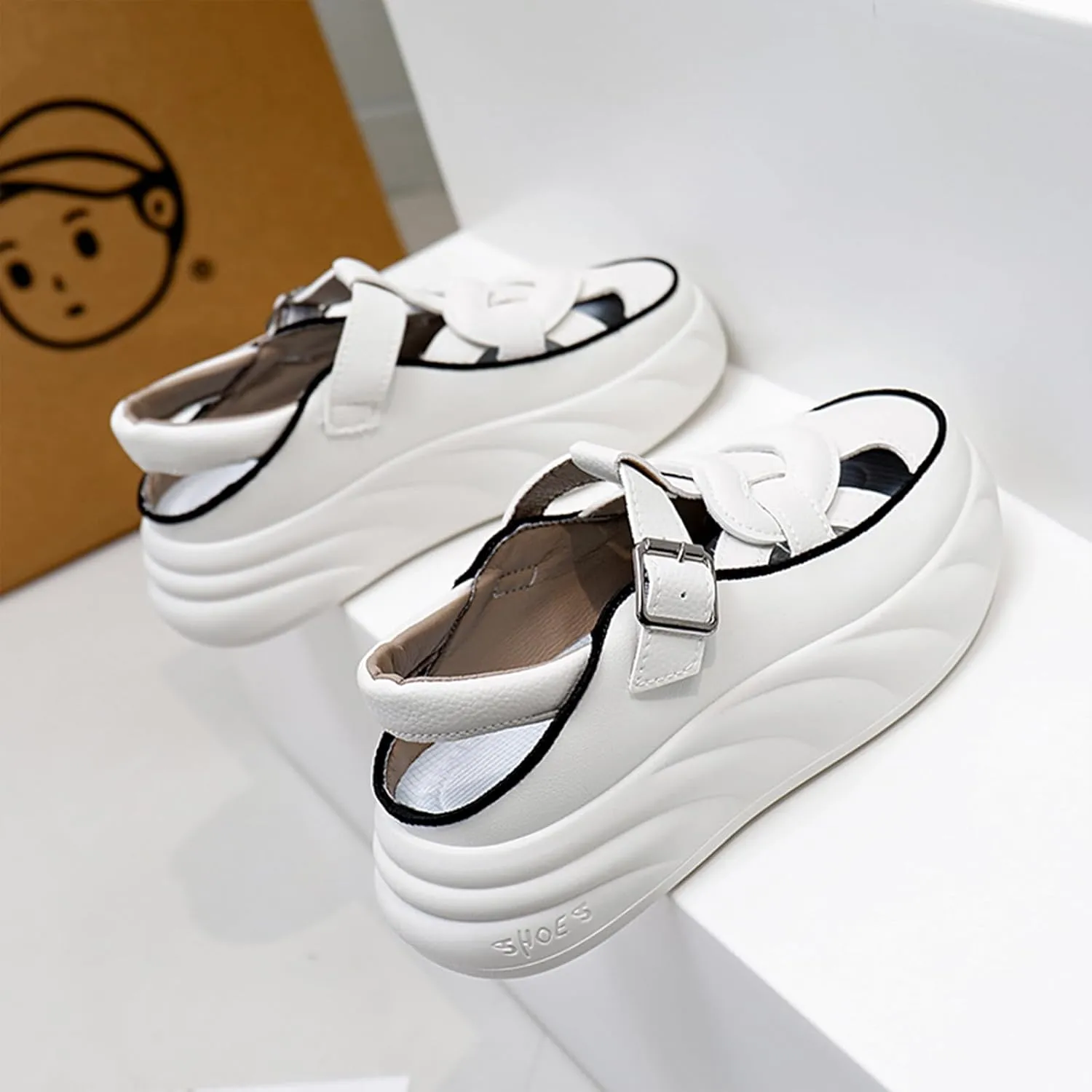 Womens Leather Adjustable Ankle Strap Platform Slingback Hiking Sandals Lightweight Chunky Increase Height Casual Cutout Sneakers with Arch Support for Walking Work Camping