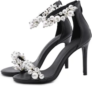 Women's Open Toe Sandal Stiletto Heeled Sandals Pearl Rhinestones Zipper Womens Sandals High Heel Sandals Summer Fashion Dress Sandals Wedding Party Shoes,Black,5