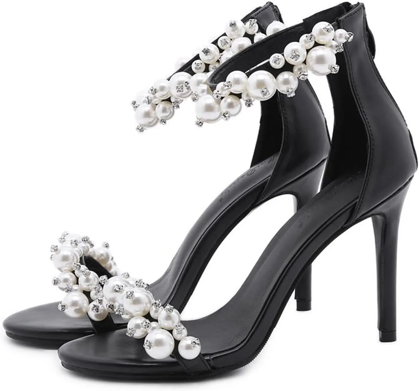 Women's Open Toe Sandal Stiletto Heeled Sandals Pearl Rhinestones Zipper Womens Sandals High Heel Sandals Summer Fashion Dress Sandals Wedding Party Shoes,Black,5