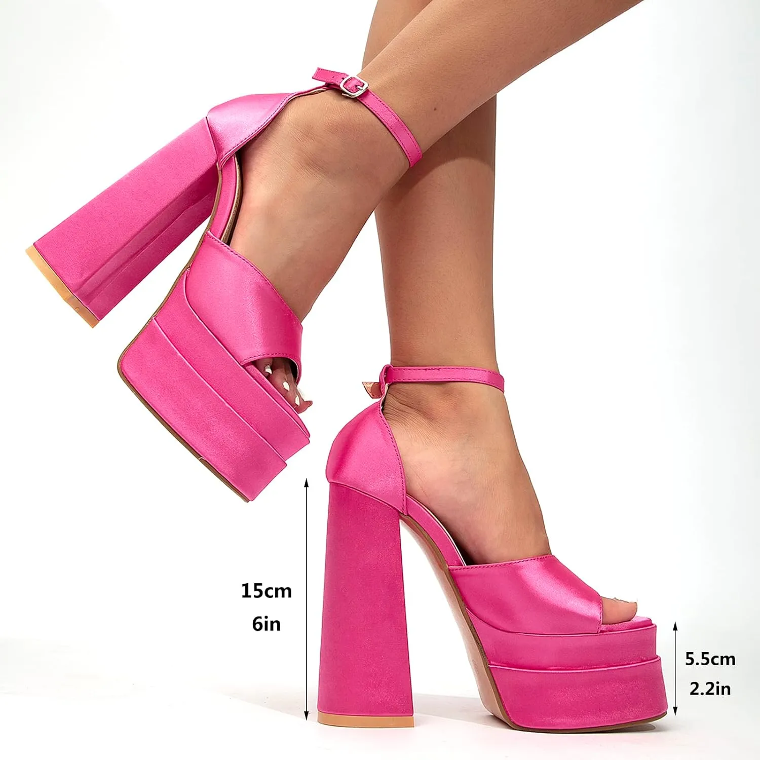 Womens Platform Chunky High Block Heels Ankle Strap Open Square Toe Heels Pumps Fashion Dress Party Shoes