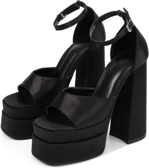 Womens Platform Chunky High Block Heels Ankle Strap Open Square Toe Heels Pumps Fashion Dress Party Shoes