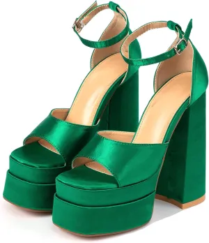 Womens Platform Chunky High Block Heels Ankle Strap Open Square Toe Heels Pumps Fashion Dress Party Shoes