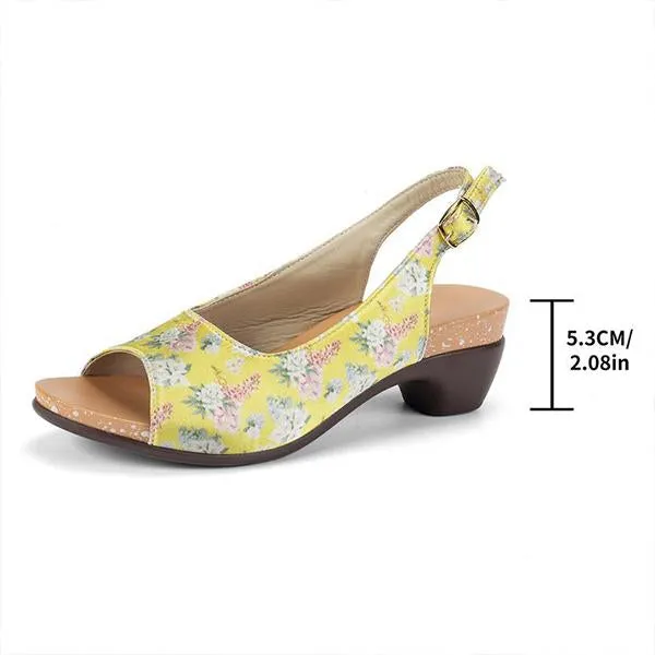 Women's Retro Printed Thick Heel Fish Mouth Sandals 25810609S