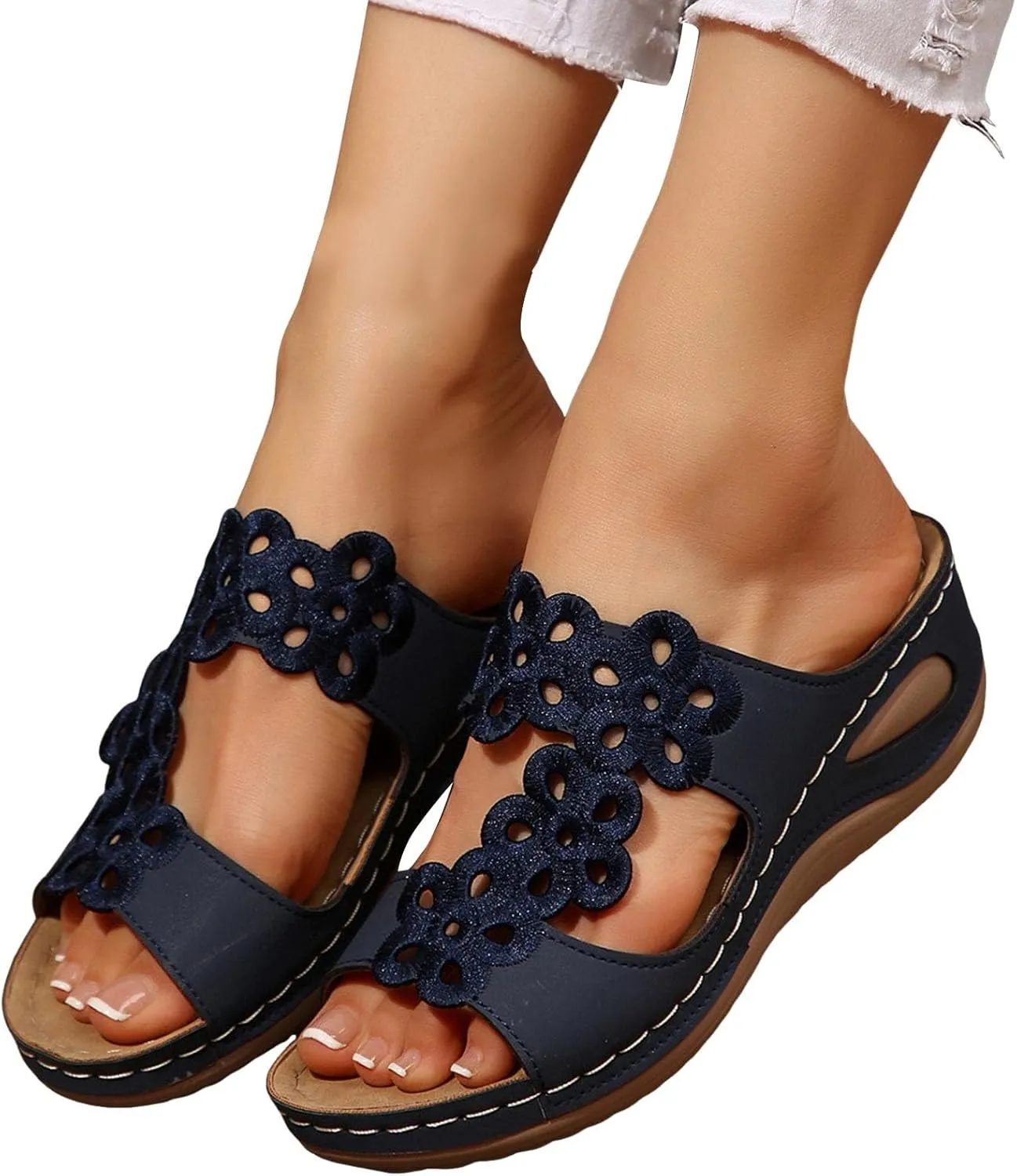 Women's Slide Sandals,Women Arch Support Slides Orthotic Walking Sandals Orthopedic Comfortable Casual Hollow Mesh Flowers Straps Slip-On Low Wedge Beach Breathable Plantar Fasciitis Bunion Sandal