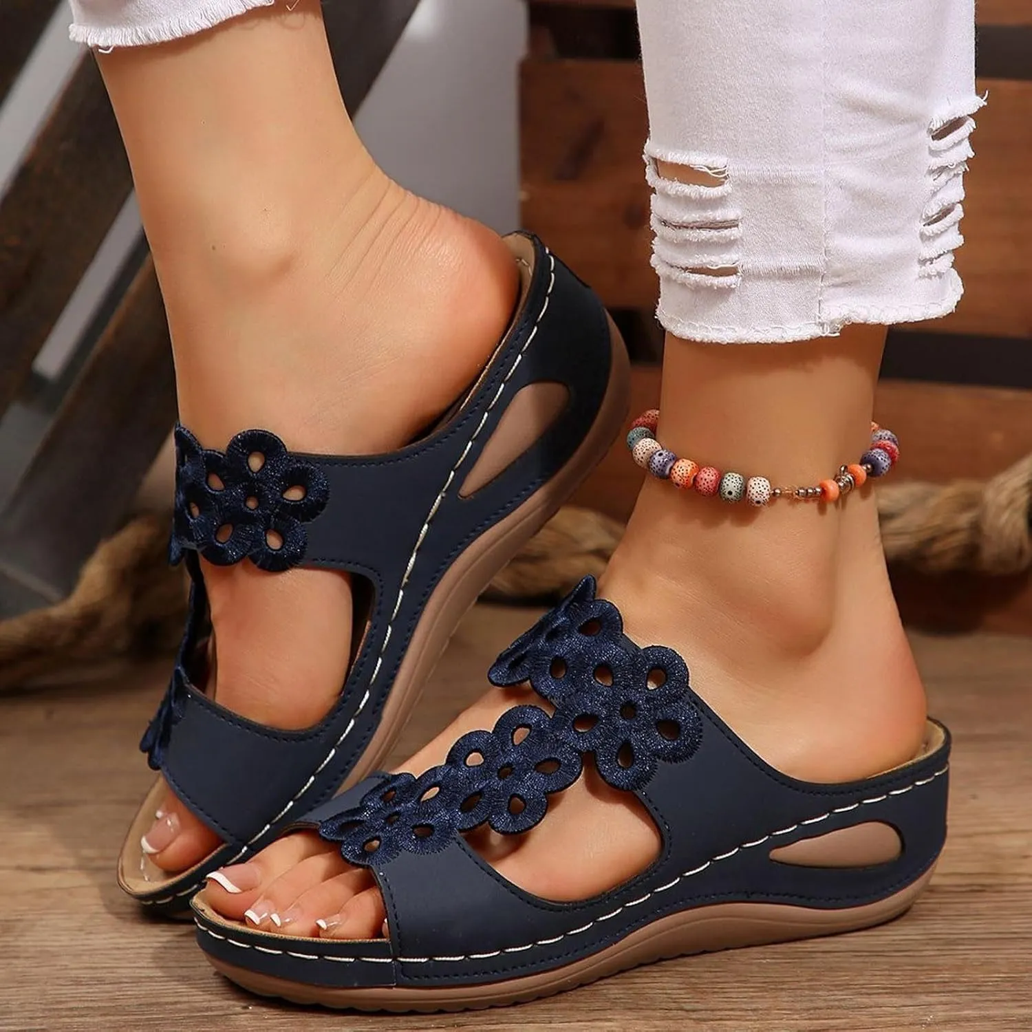 Women's Slide Sandals,Women Arch Support Slides Orthotic Walking Sandals Orthopedic Comfortable Casual Hollow Mesh Flowers Straps Slip-On Low Wedge Beach Breathable Plantar Fasciitis Bunion Sandal