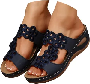 Women's Slide Sandals,Women Arch Support Slides Orthotic Walking Sandals Orthopedic Comfortable Casual Hollow Mesh Flowers Straps Slip-On Low Wedge Beach Breathable Plantar Fasciitis Bunion Sandal