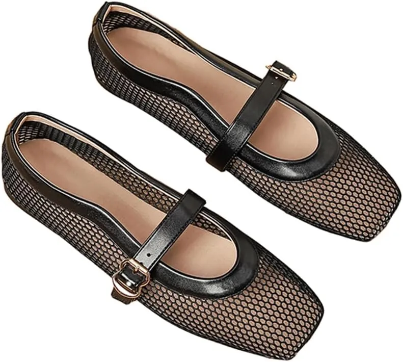 Women's Square Toe Mary Jane Flats, Mesh Gold Metallic, Buckle Strap