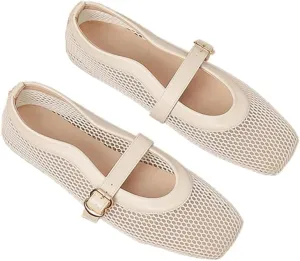Women's Square Toe Mary Jane Flats, Mesh Gold Metallic, Buckle Strap