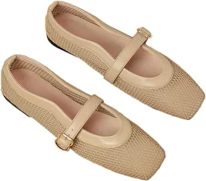 Women's Square Toe Mary Jane Flats, Mesh Gold Metallic, Buckle Strap