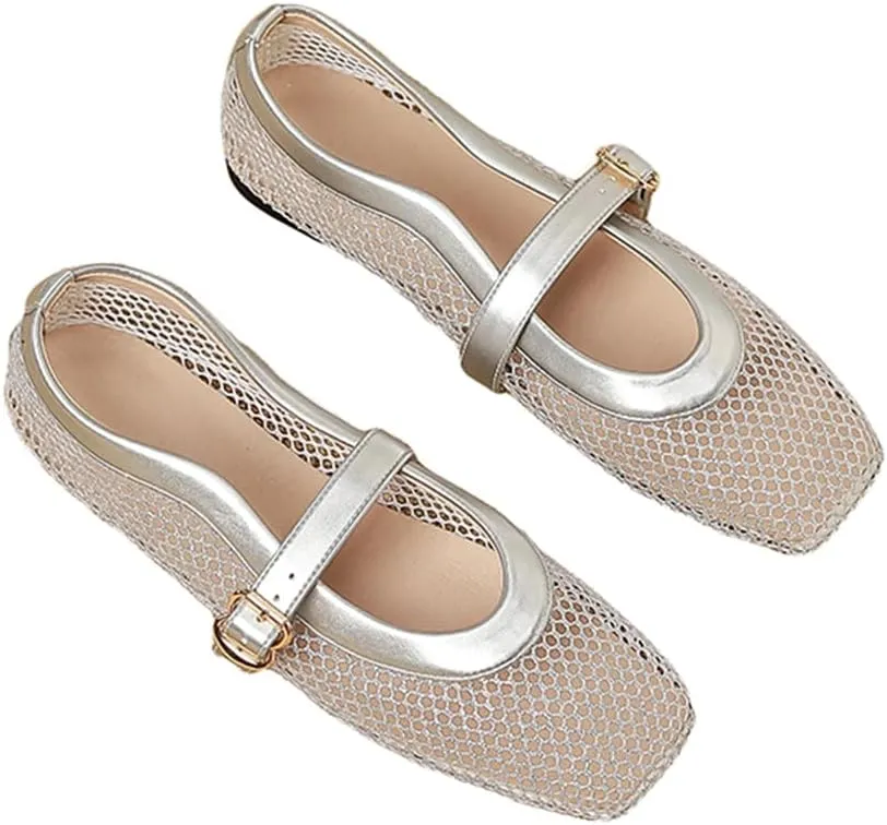 Women's Square Toe Mary Jane Flats, Mesh Gold Metallic, Buckle Strap