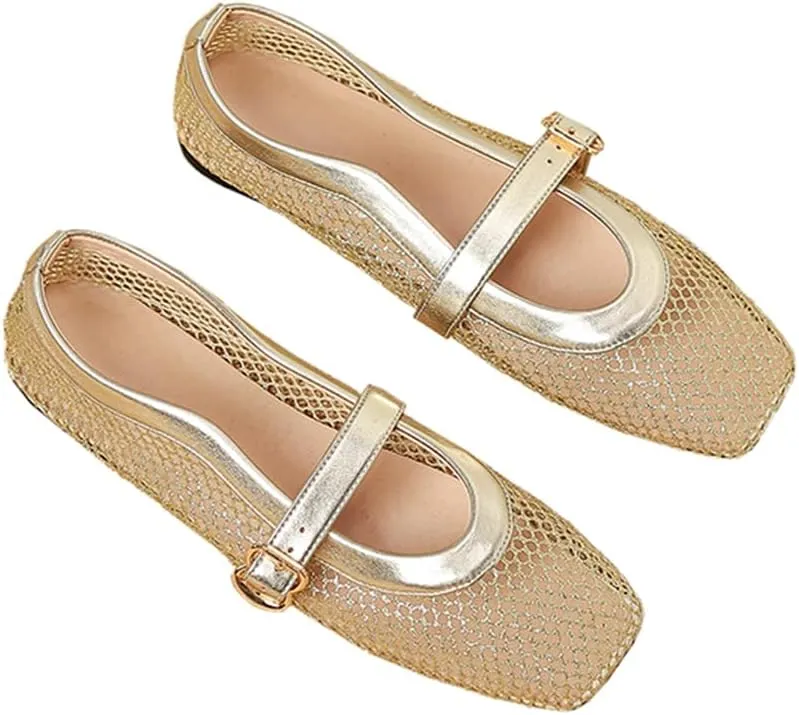 Women's Square Toe Mary Jane Flats, Mesh Gold Metallic, Buckle Strap