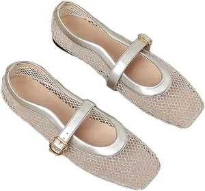Women's Square Toe Mary Jane Flats, Mesh Gold Metallic, Buckle Strap