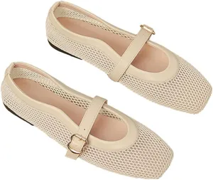 Women's Square Toe Mary Jane Flats, Mesh Gold Metallic, Buckle Strap