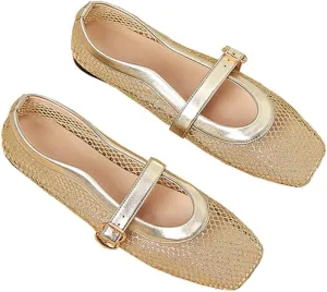 Women's Square Toe Mary Jane Flats, Mesh Gold Metallic, Buckle Strap