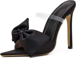 Women's Stiletto Heel Dress Shoe Pointed Bow Open Toe Heeled Sandals Summer Fashion Slip On High Heel Sandal Womens Sandals Slides Party Shoes,Black,37