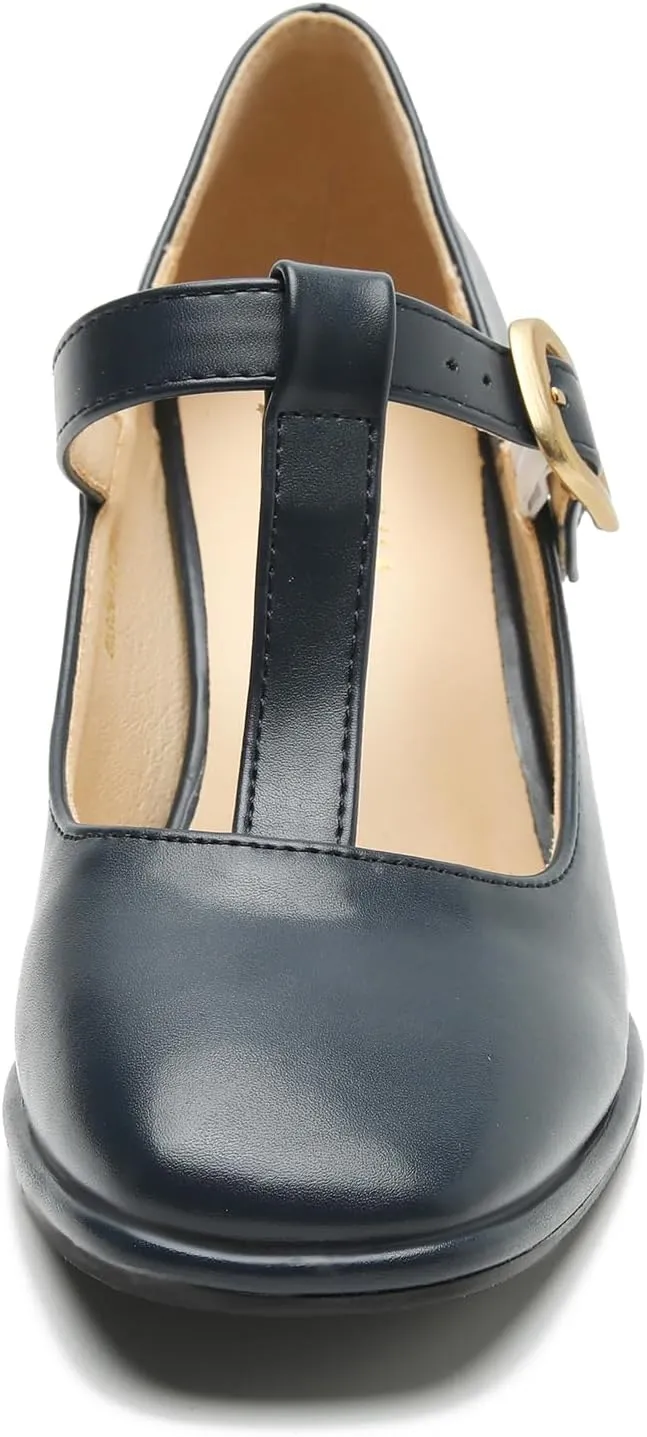 Womens T-Strap Vintage Heels Mary Jane Dress Shoes Block Chunky Heels Office Work Pumps