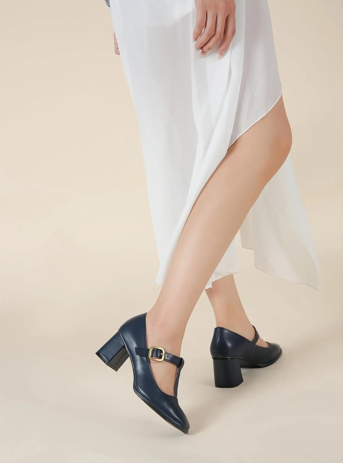 Womens T-Strap Vintage Heels Mary Jane Dress Shoes Block Chunky Heels Office Work Pumps