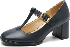 Womens T-Strap Vintage Heels Mary Jane Dress Shoes Block Chunky Heels Office Work Pumps